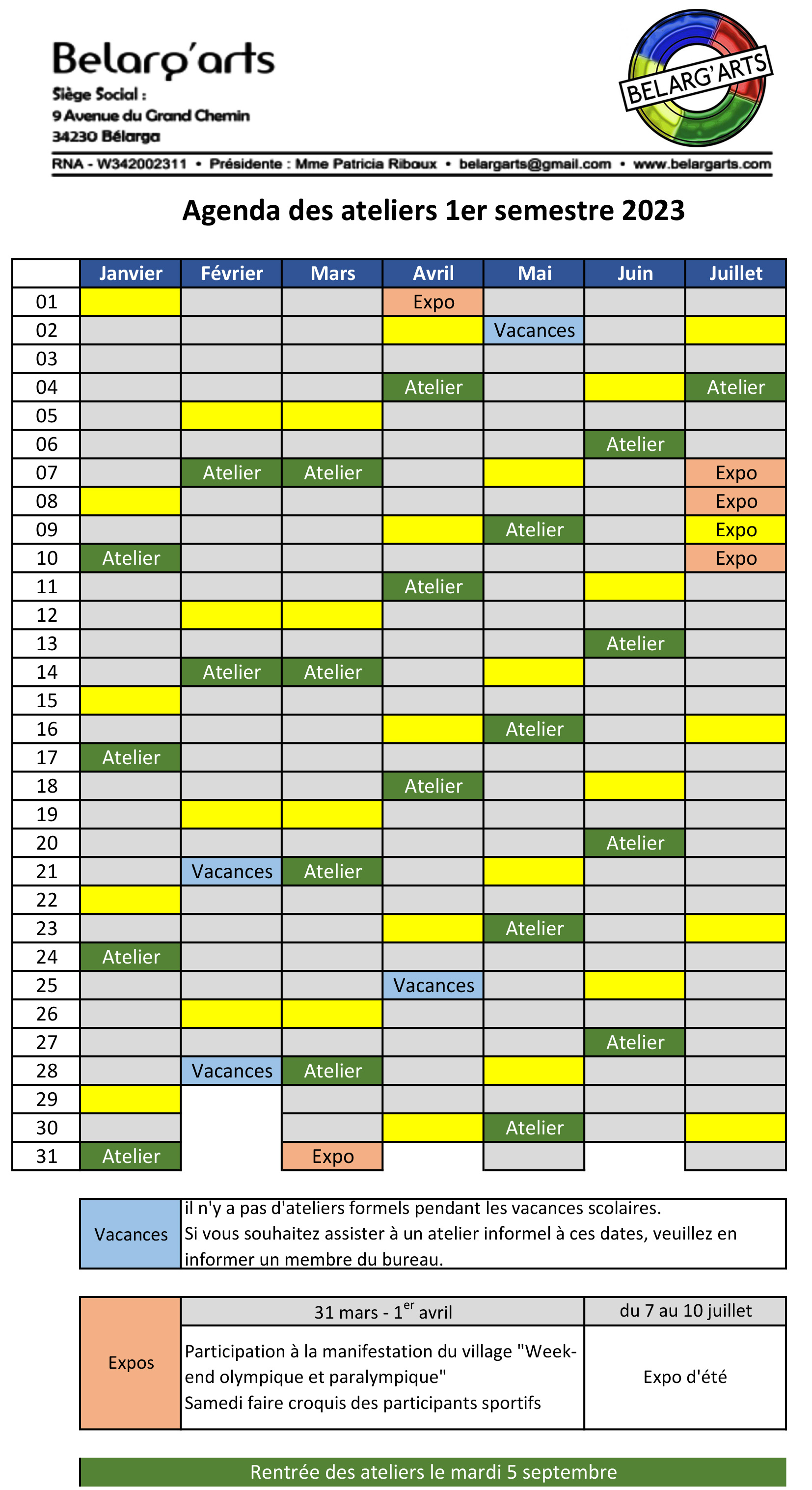 Agenda des Ateliers 1 semestre 2023