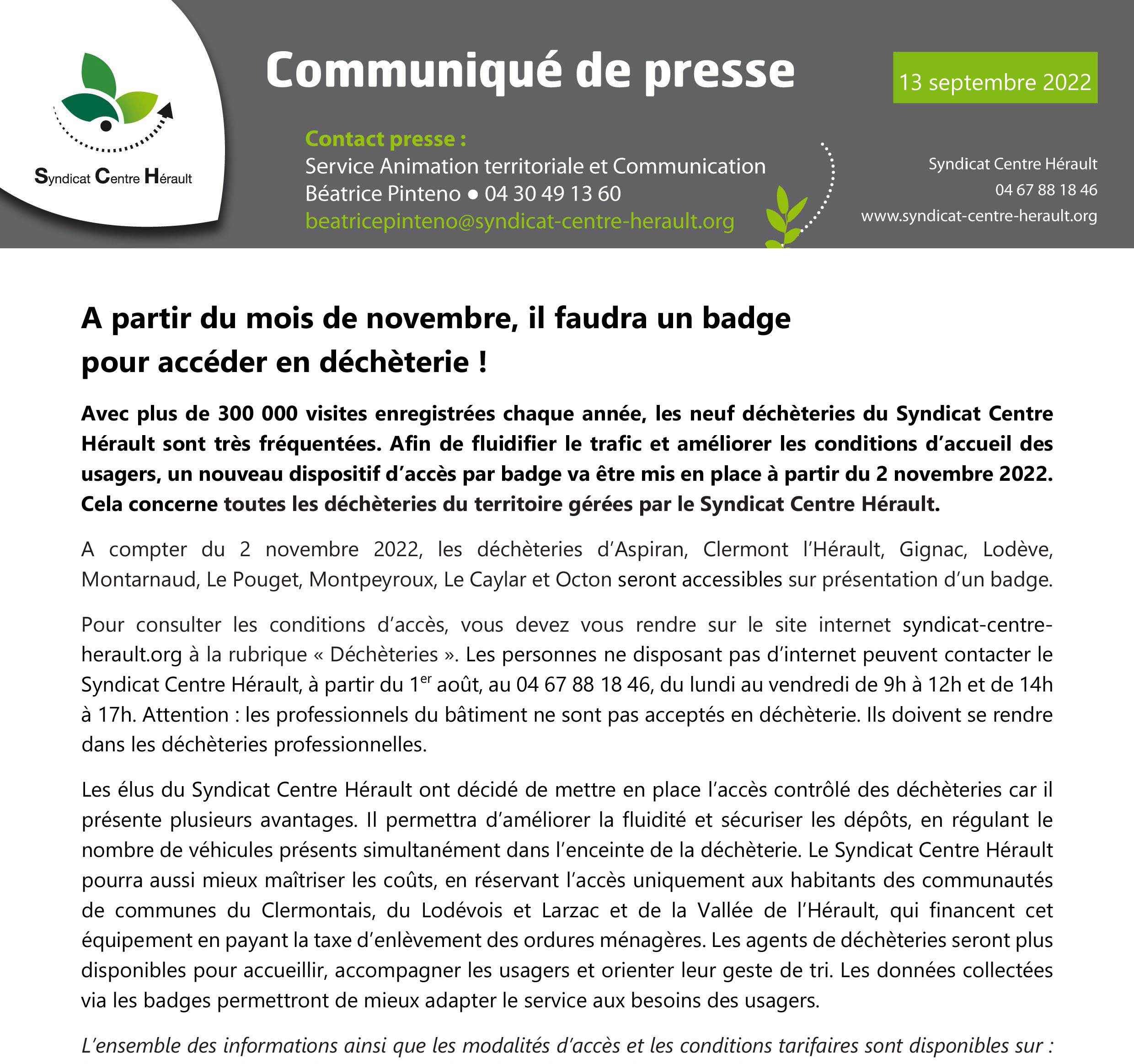 2022 09 13 CP SCH Decheteries badge d'acces en novembre