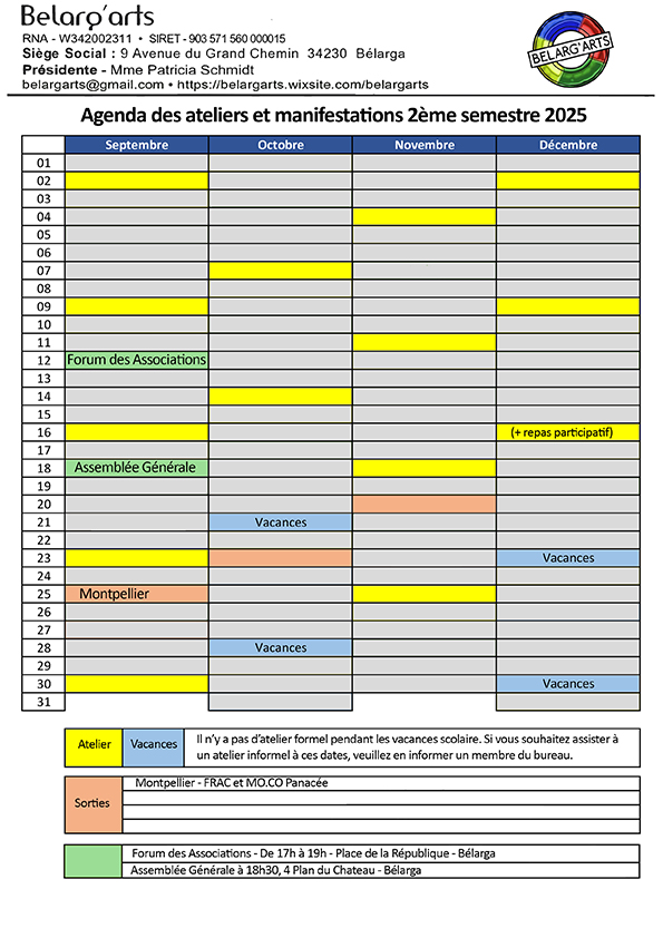 Agenda des Ateliers 2ème semestre 2025